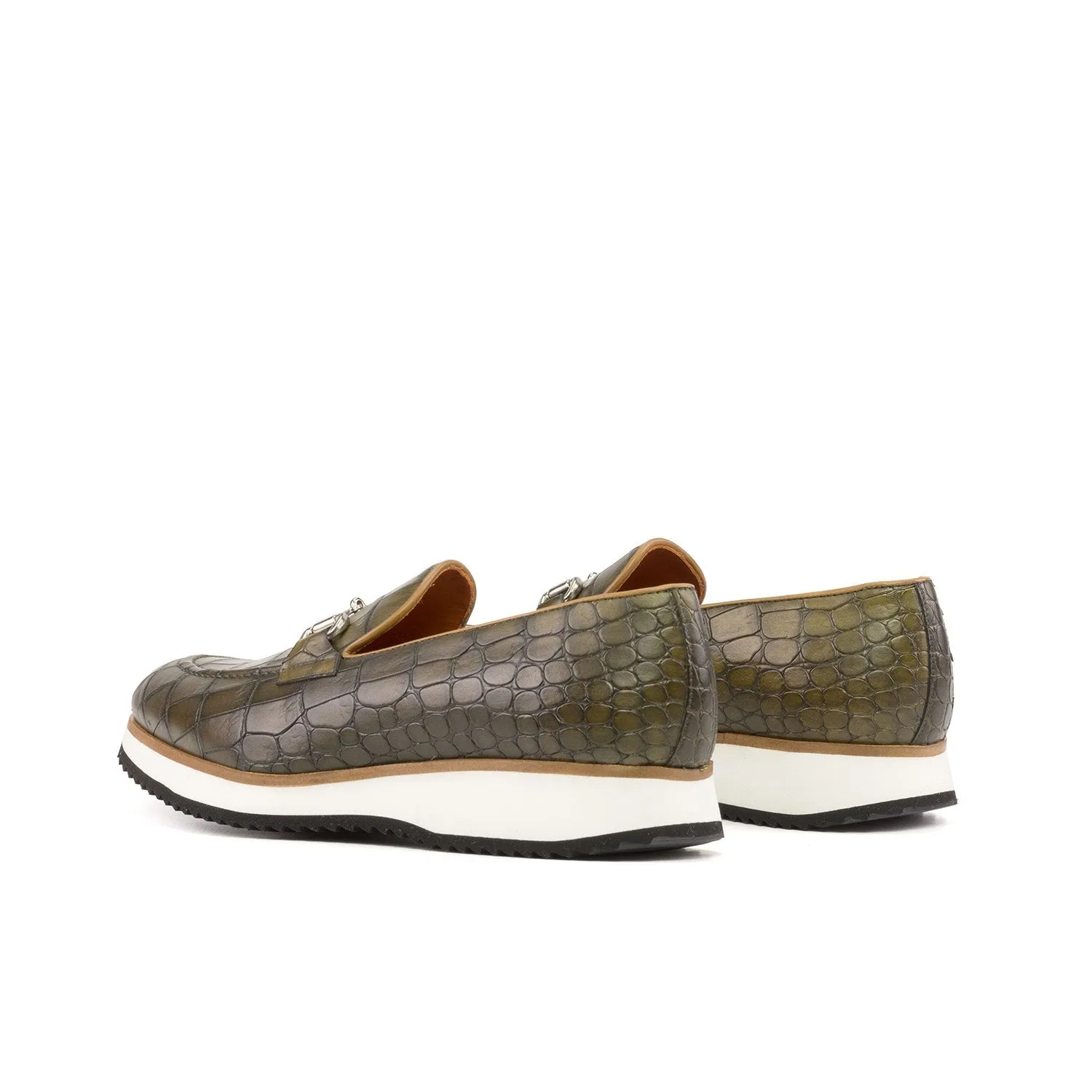 Ambrogio Bespoke Men's Shoes Olive Crocodile Print Leather Horsebit Loafers (AMB2273)
