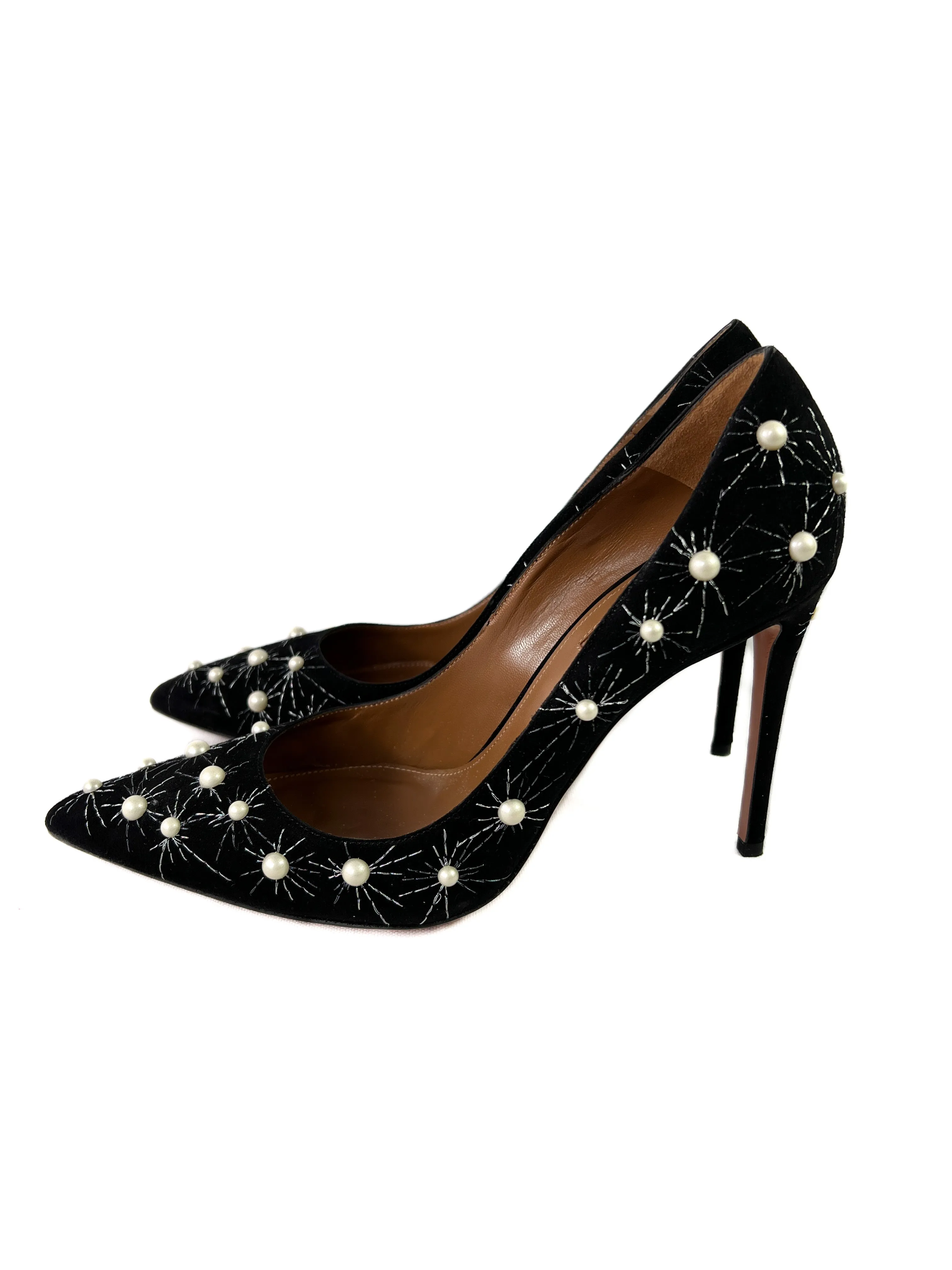 Aquazzura black suede pearl embellished pumps size 9