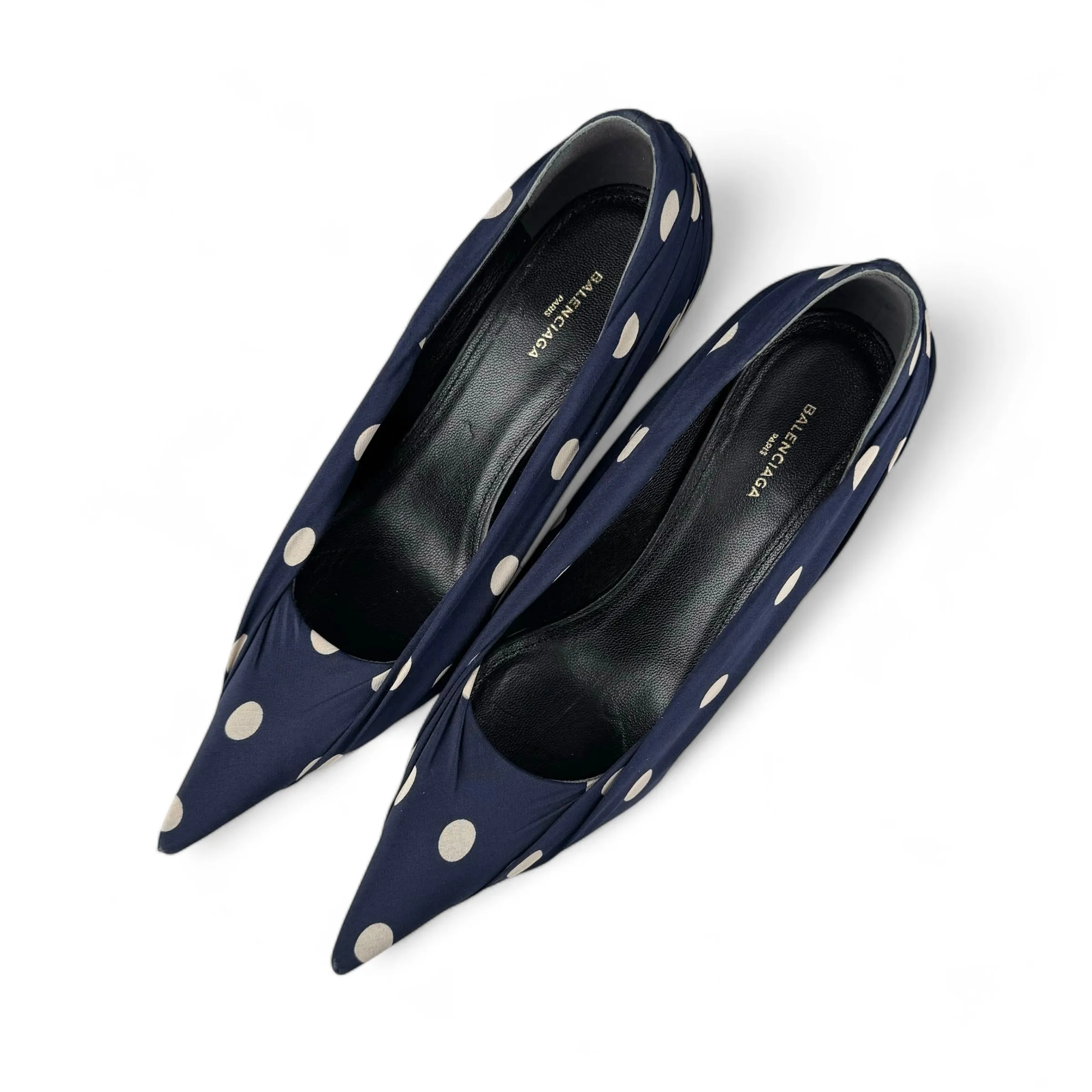 Balenciaga Ruched Blue Polka-Dot Satin Knife Pumps 80