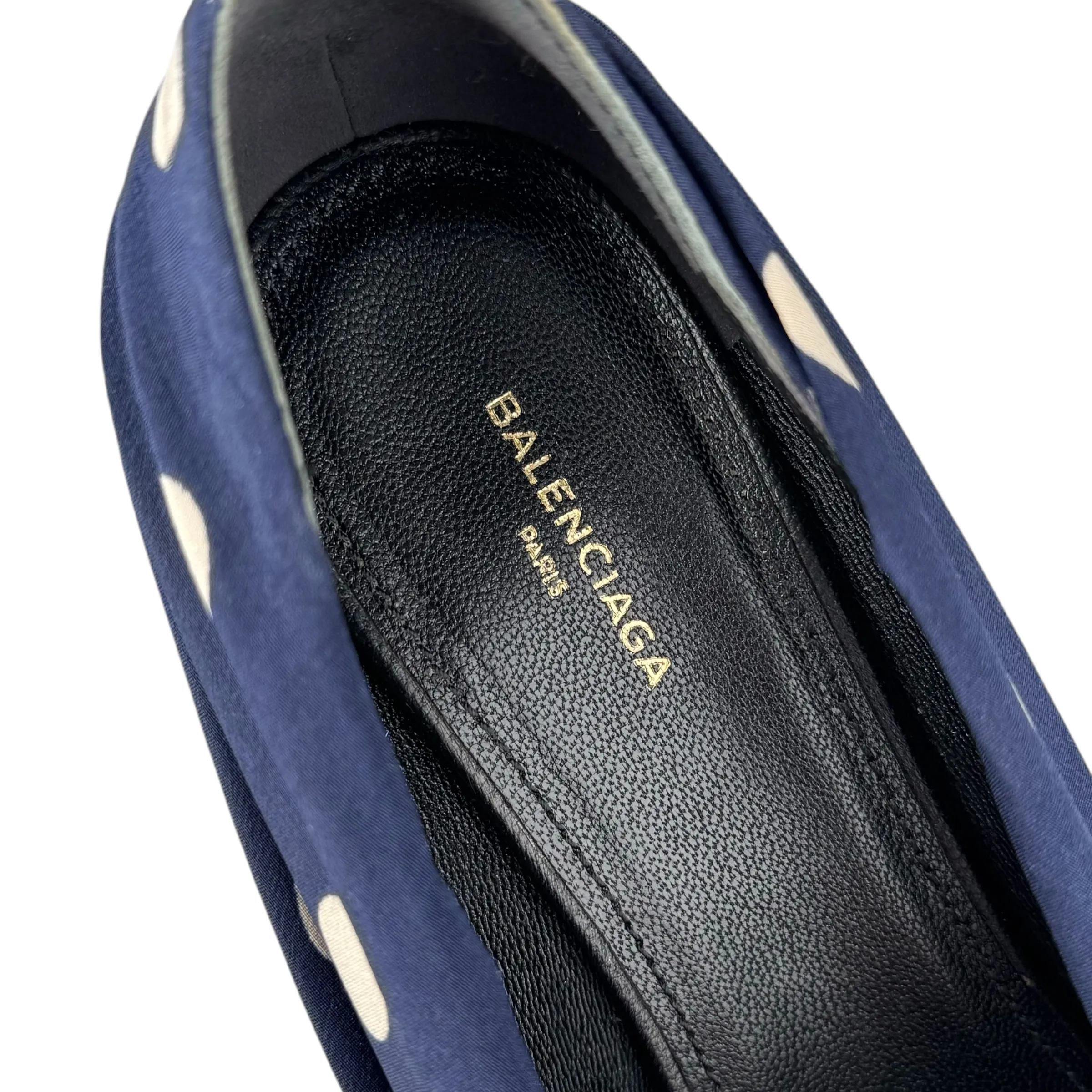 Balenciaga Ruched Blue Polka-Dot Satin Knife Pumps 80