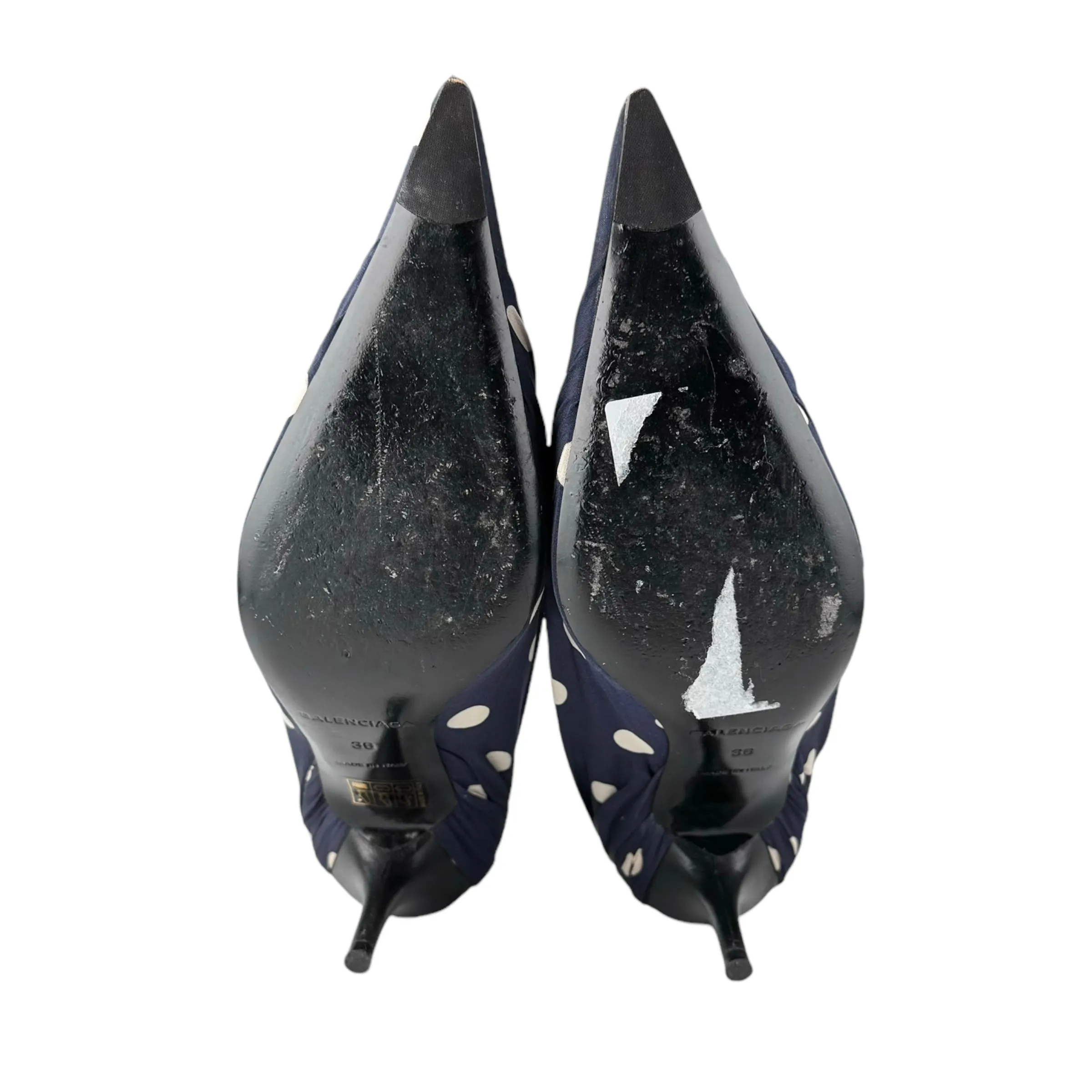 Balenciaga Ruched Blue Polka-Dot Satin Knife Pumps 80