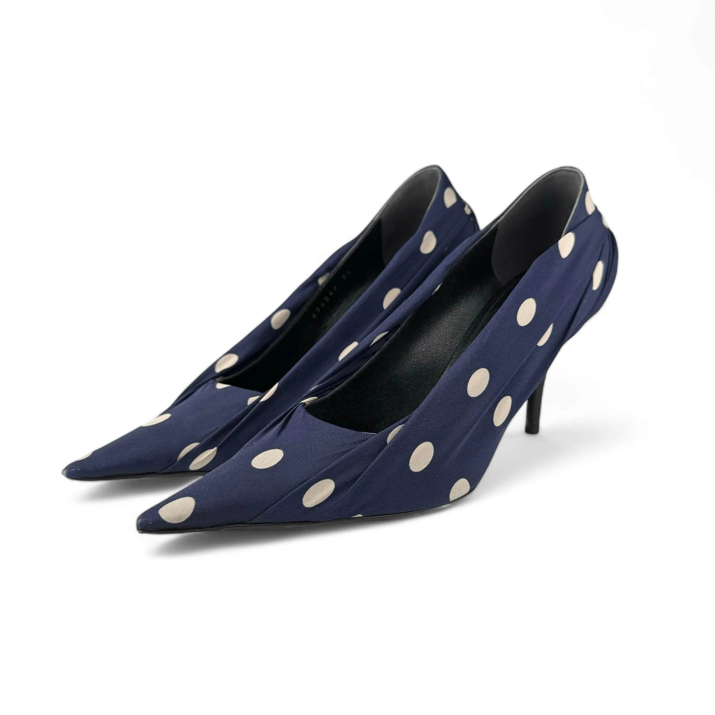 Balenciaga Ruched Blue Polka-Dot Satin Knife Pumps 80
