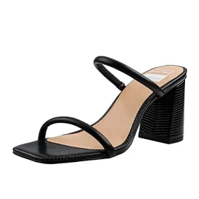 BCTEX COLL Women's High Heeled Sandals Two Strap Square Toe Slip on Comfortable Chunky Strappy Heels for Women, Blue, Size 6.5