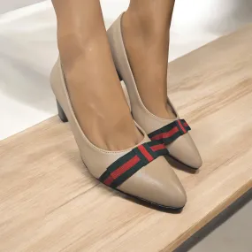 Beige Ribbon Accent Pumps