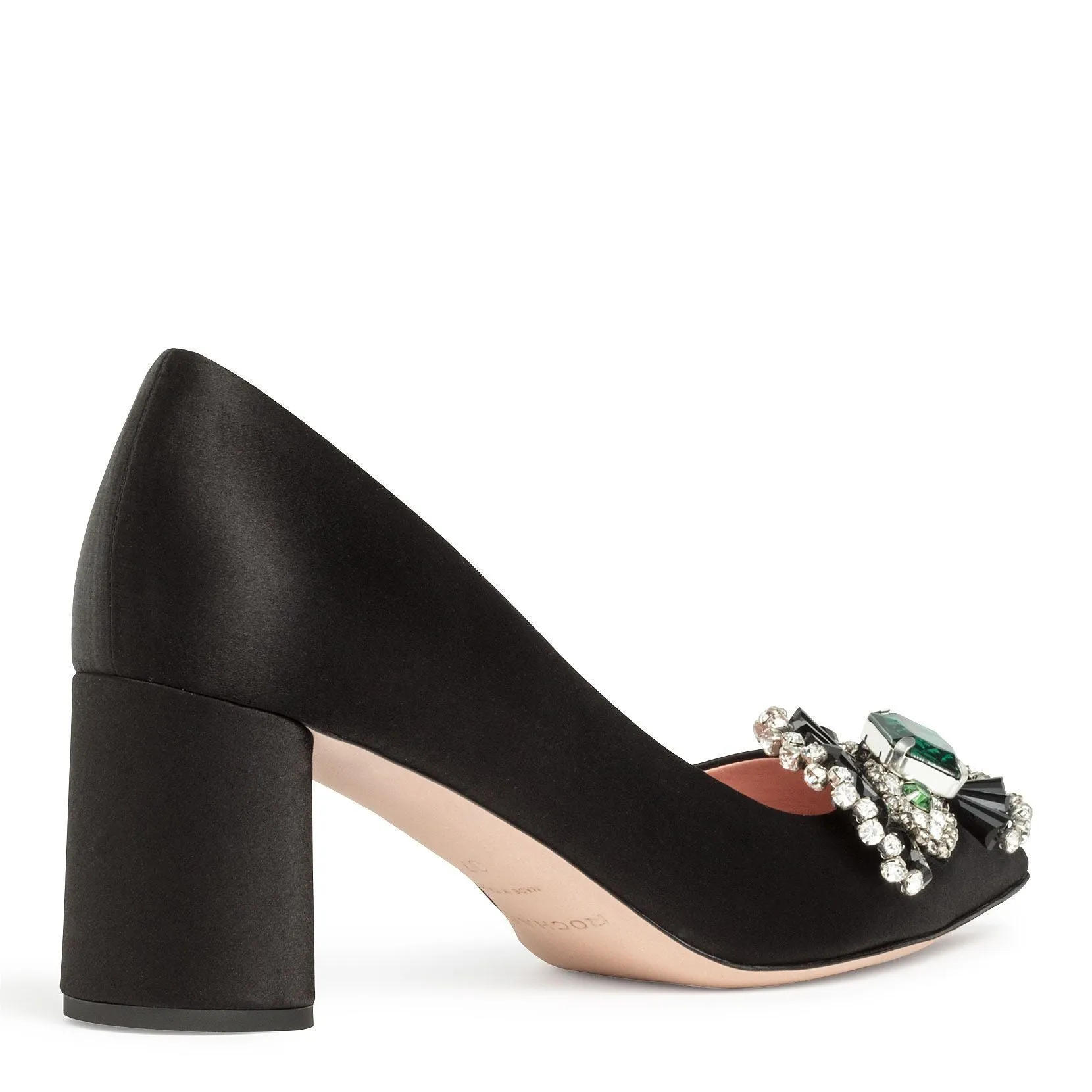 Black satin crystal embellished pumps