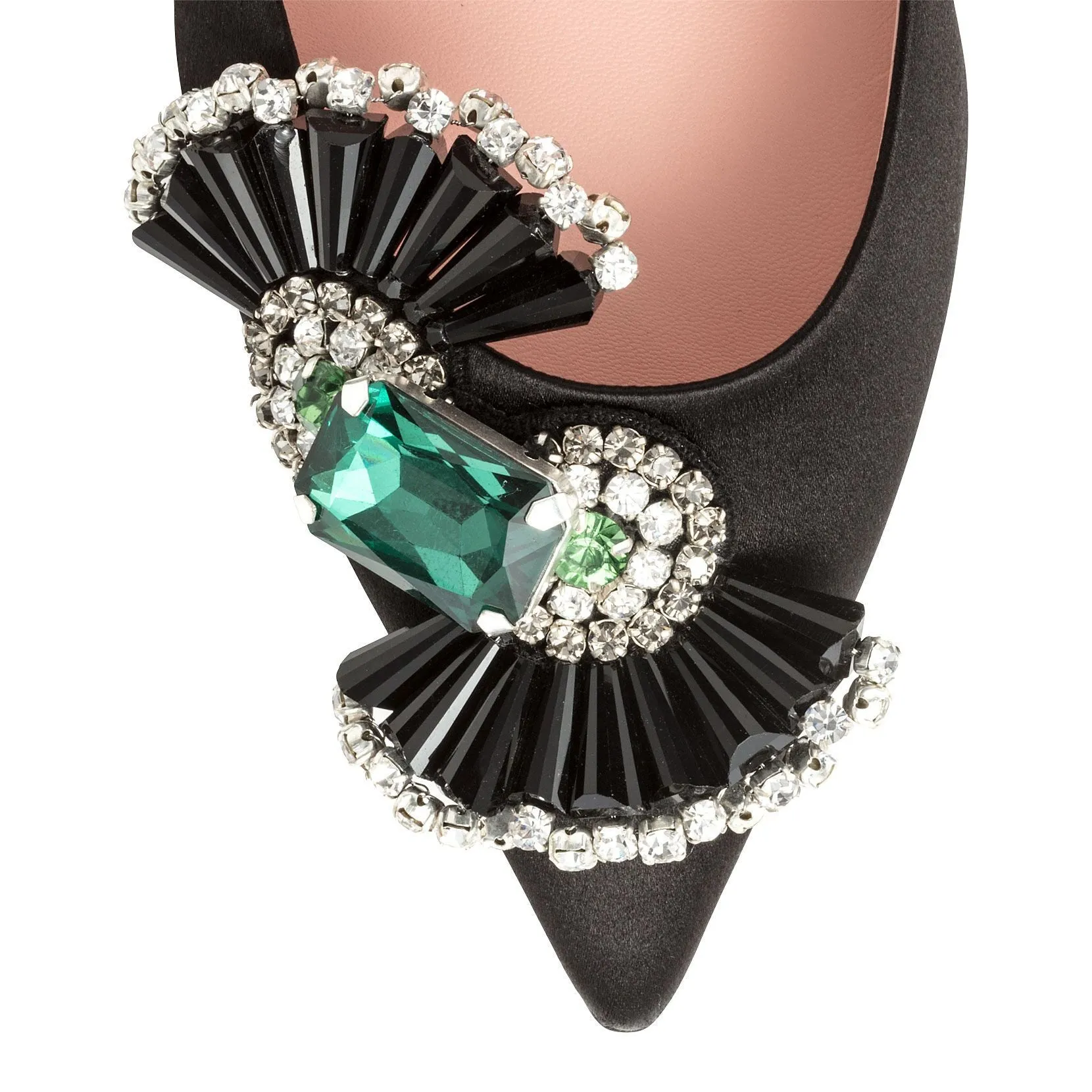 Black satin crystal embellished pumps