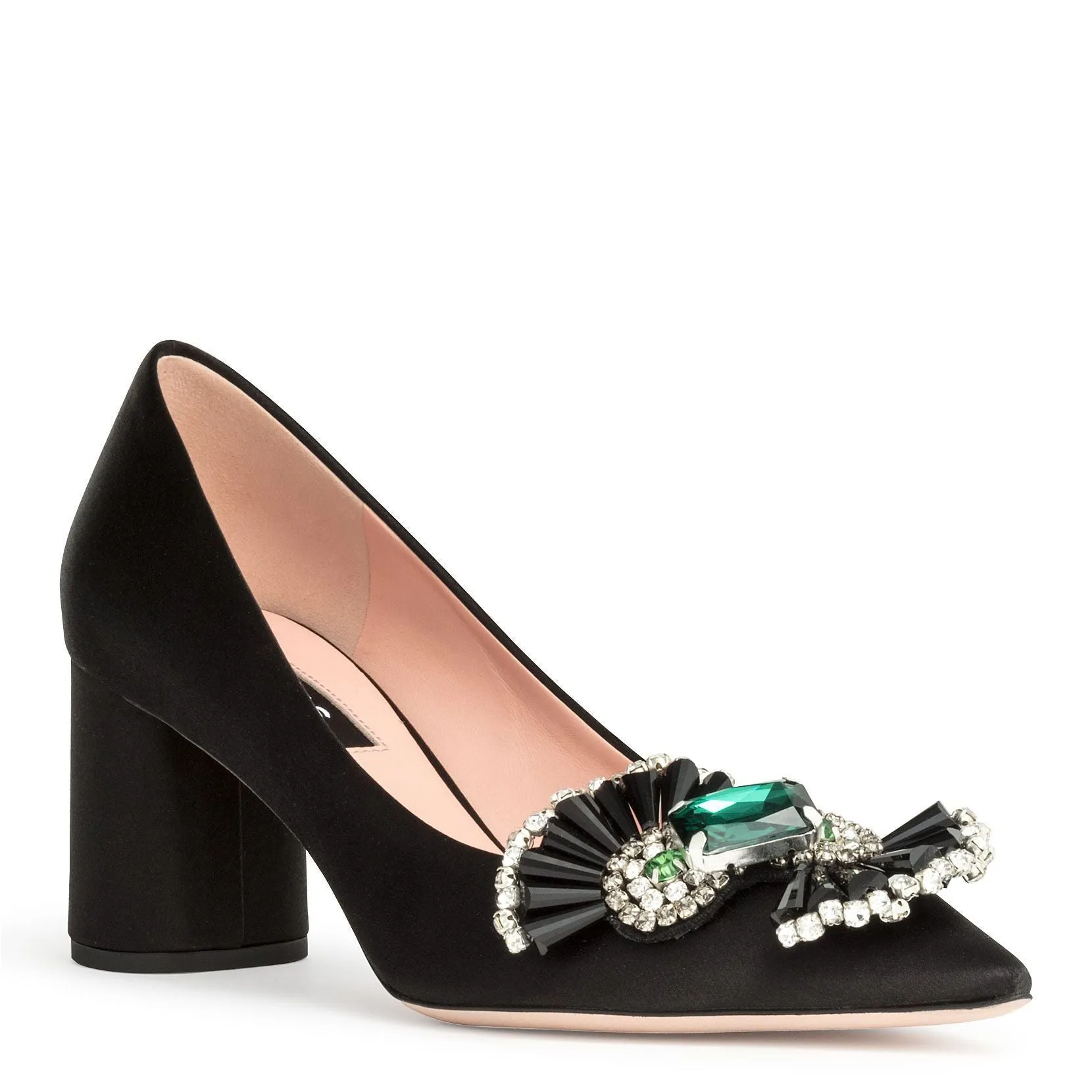 Black satin crystal embellished pumps