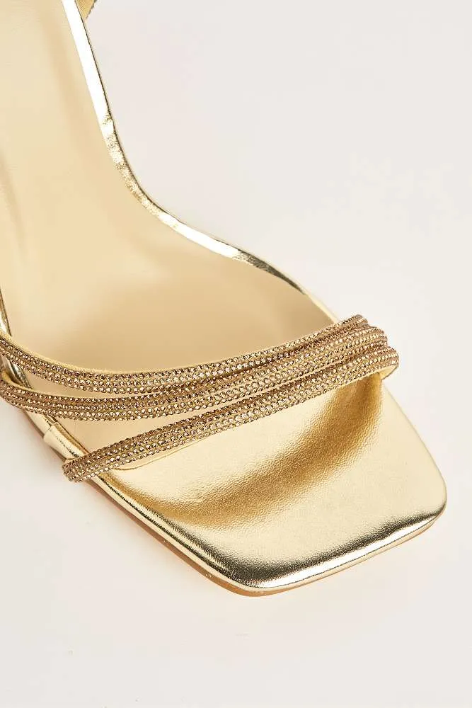 Camina Diamante Embellished 3 Strap Heeled Sandals in Gold