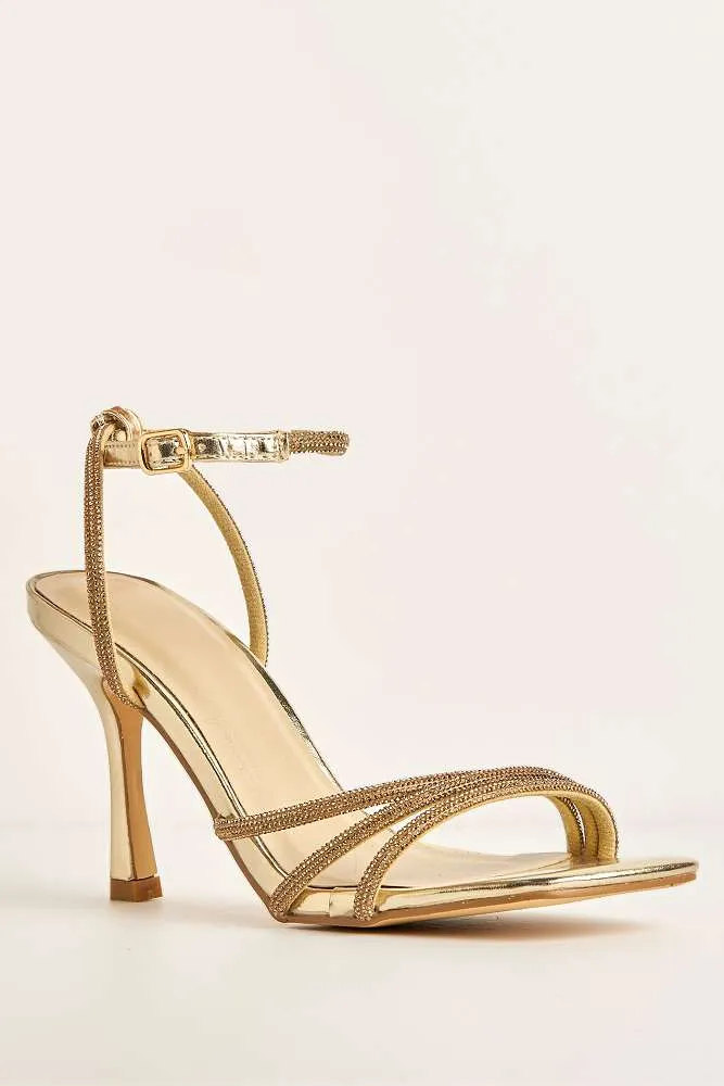 Camina Diamante Embellished 3 Strap Heeled Sandals in Gold
