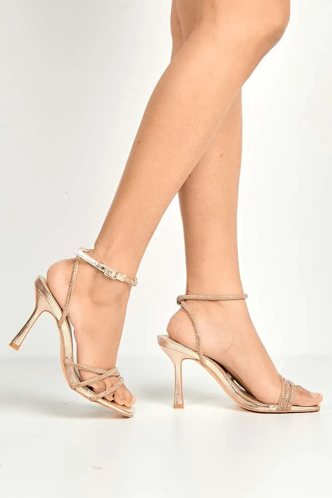 Camina Diamante Embellished 3 Strap Heeled Sandals in Gold