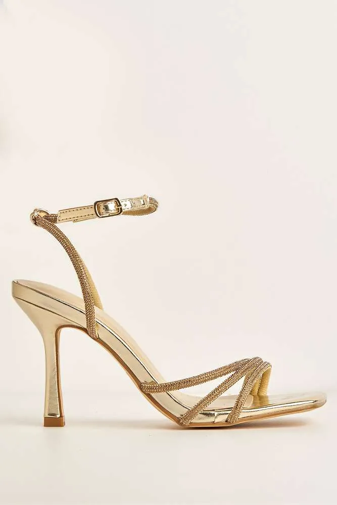 Camina Diamante Embellished 3 Strap Heeled Sandals in Gold