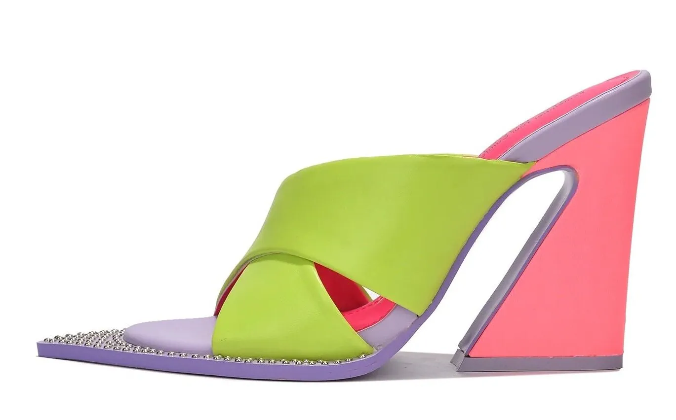 Cape Robbin Alami Multi Open Pointed Toe Block Heel Strappy Slip On Pumps