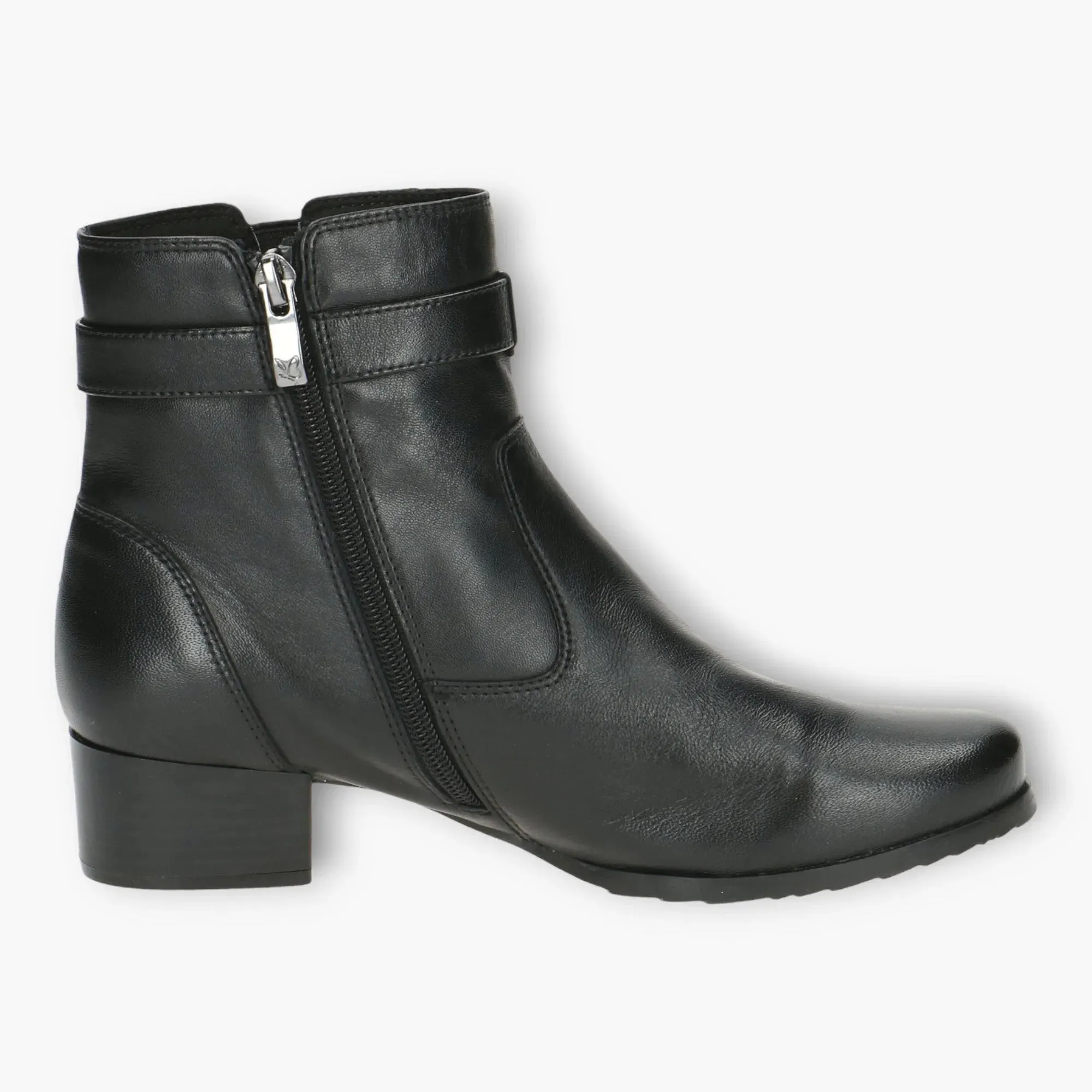 Caprice Black Ankle Boots with Side Zip & Buckle Detail - Block Heel, Wide Fit, Comfort Focused