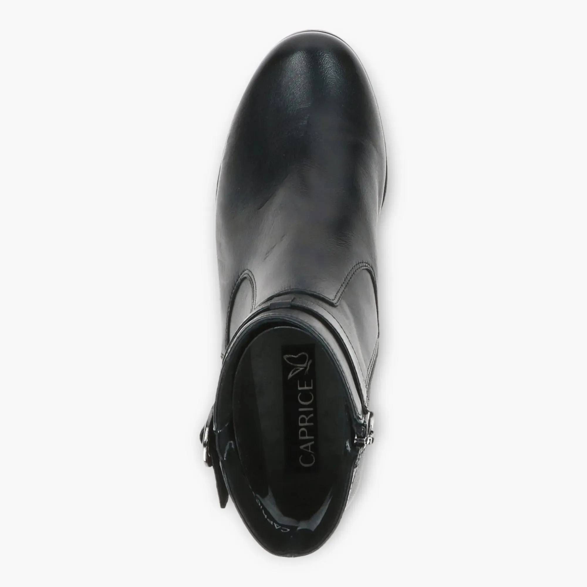 Caprice Black Ankle Boots with Side Zip & Buckle Detail - Block Heel, Wide Fit, Comfort Focused
