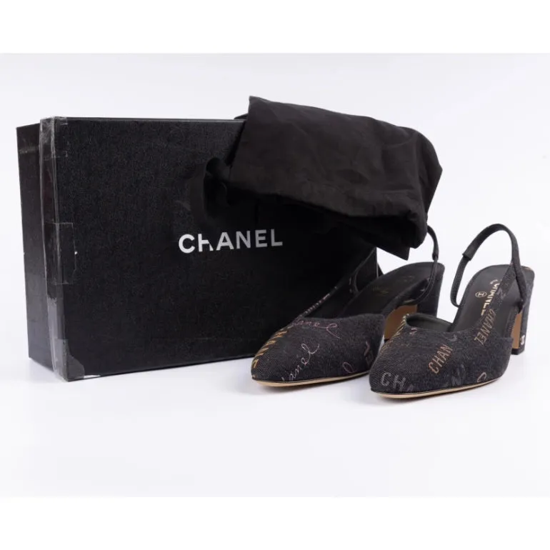 Chanel Denim Cap Toe Printed Slingback Pumps