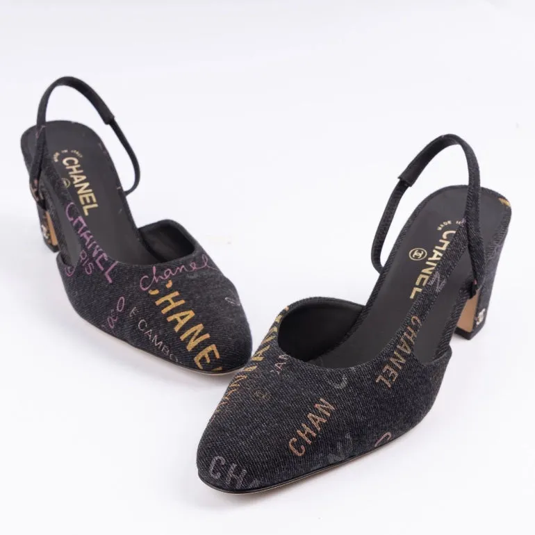 Chanel Denim Cap Toe Printed Slingback Pumps