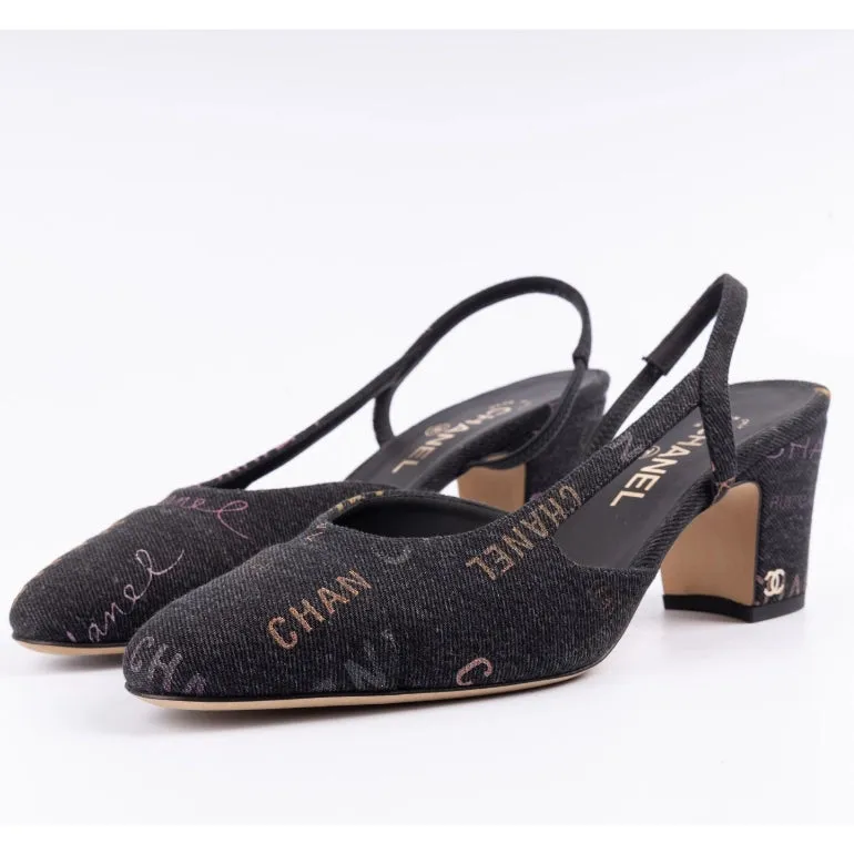 Chanel Denim Cap Toe Printed Slingback Pumps