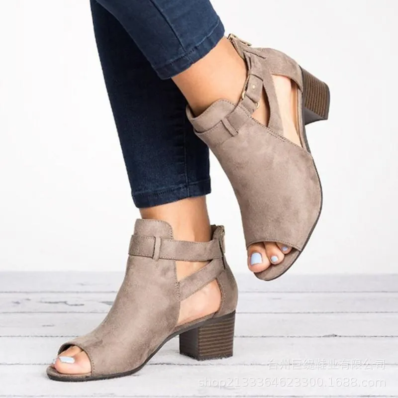 Chicvane Womens Leather Peep Toe Chunky heel Sandals