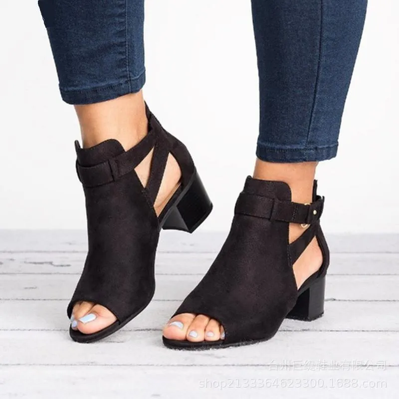 Chicvane Womens Leather Peep Toe Chunky heel Sandals