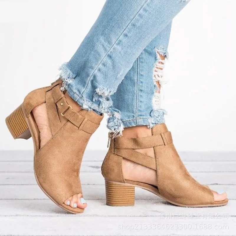 Chicvane Womens Leather Peep Toe Chunky heel Sandals
