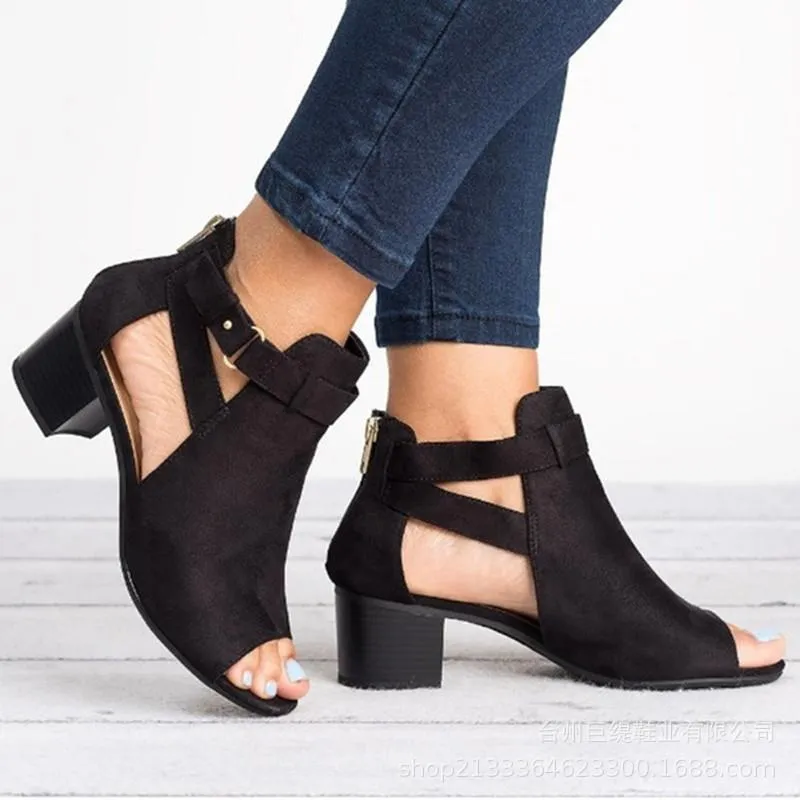 Chicvane Womens Leather Peep Toe Chunky heel Sandals