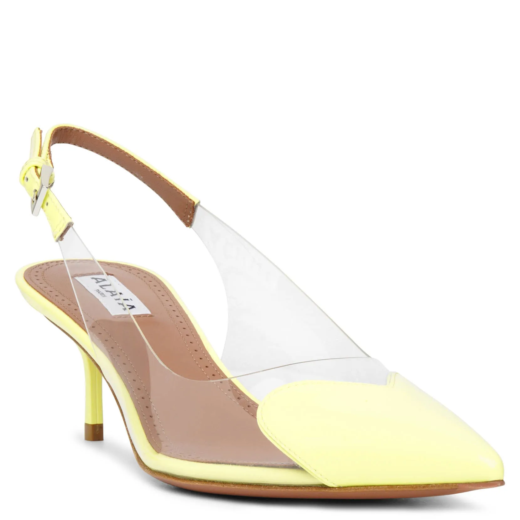 Coeur 55 yellow patent slingback pumps