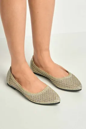 Ellora Pointed Toe Glitter Mesh Slip-On Pumps in Gold