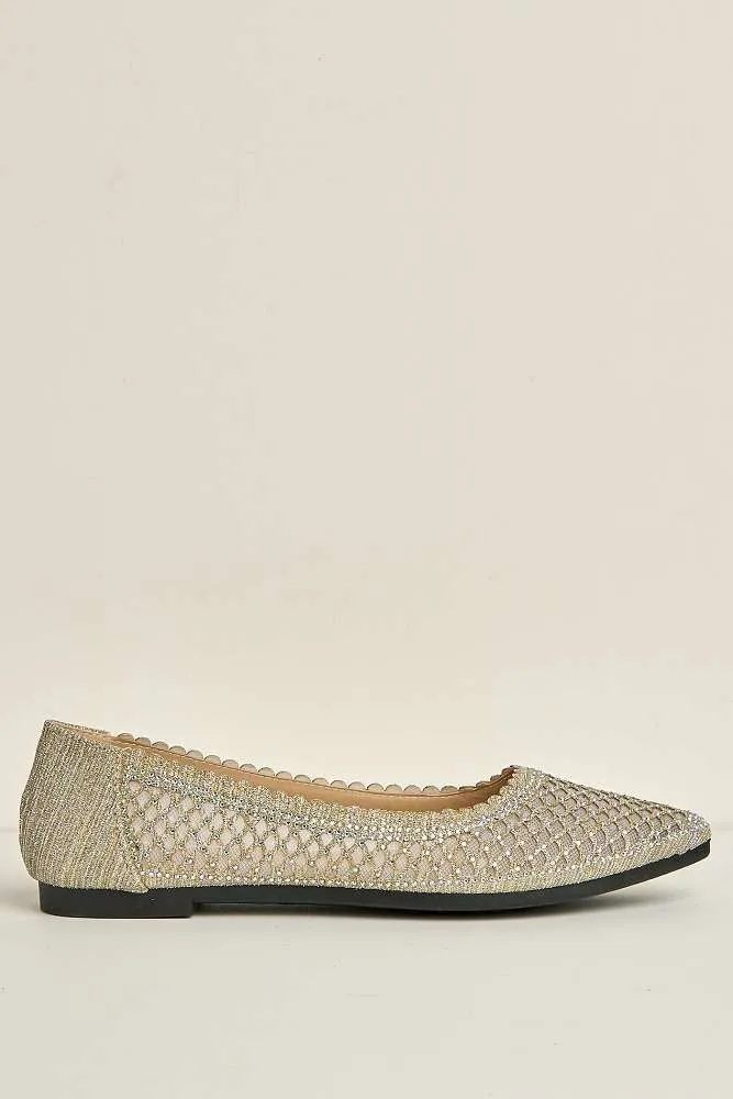 Ellora Pointed Toe Glitter Mesh Slip-On Pumps in Gold