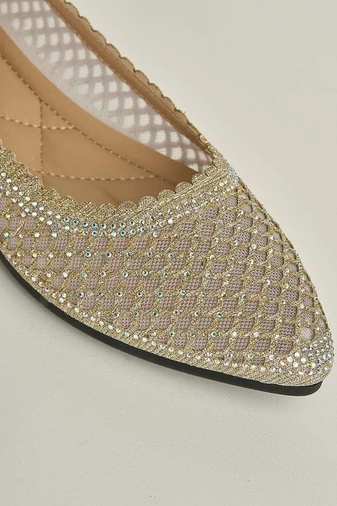 Ellora Pointed Toe Glitter Mesh Slip-On Pumps in Gold