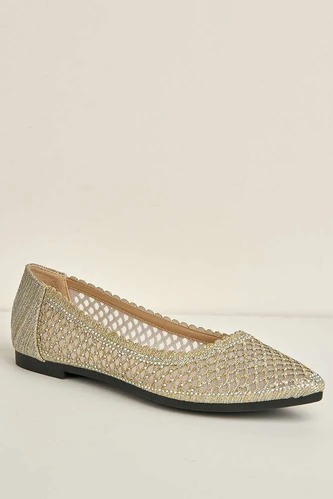 Ellora Pointed Toe Glitter Mesh Slip-On Pumps in Gold