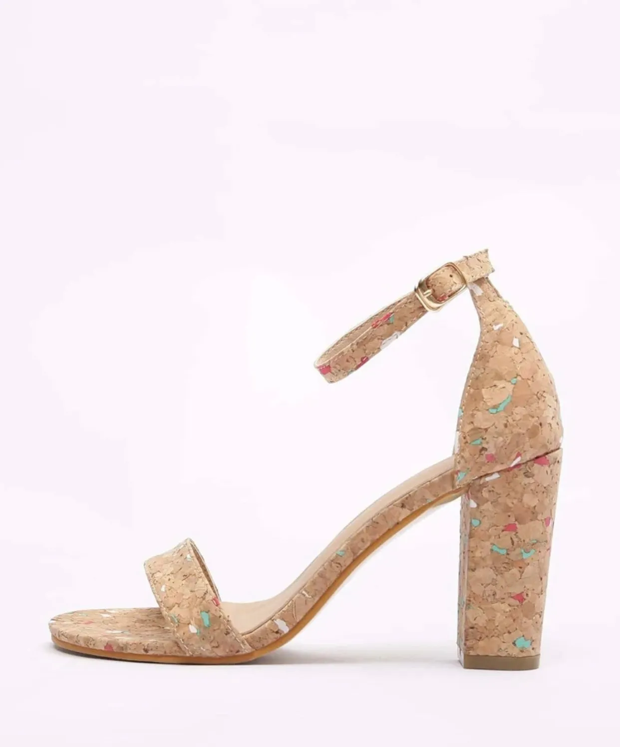 Graphic cork board inspired heeled ankle strap sandals