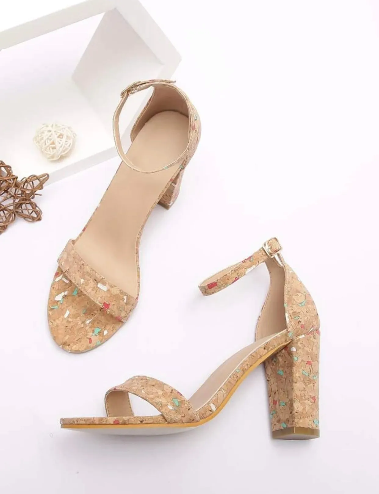 Graphic cork board inspired heeled ankle strap sandals