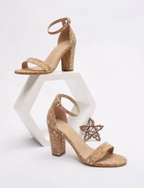 Graphic cork board inspired heeled ankle strap sandals