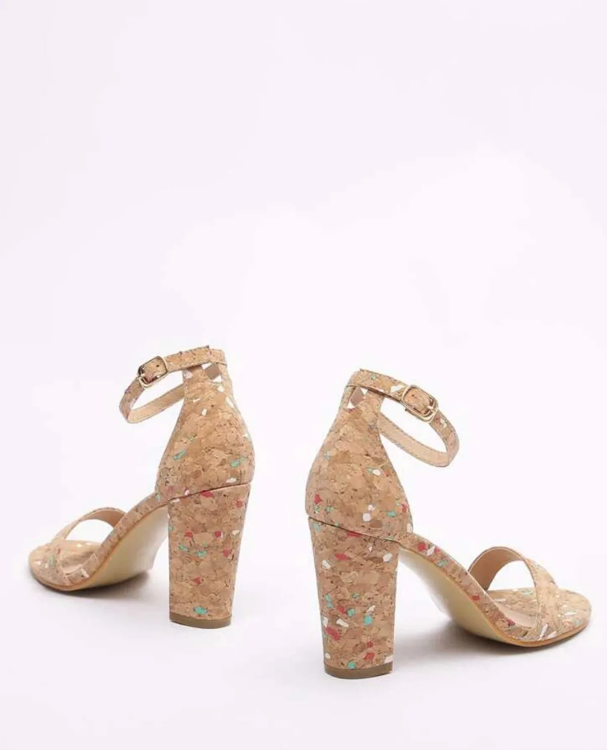 Graphic cork board inspired heeled ankle strap sandals