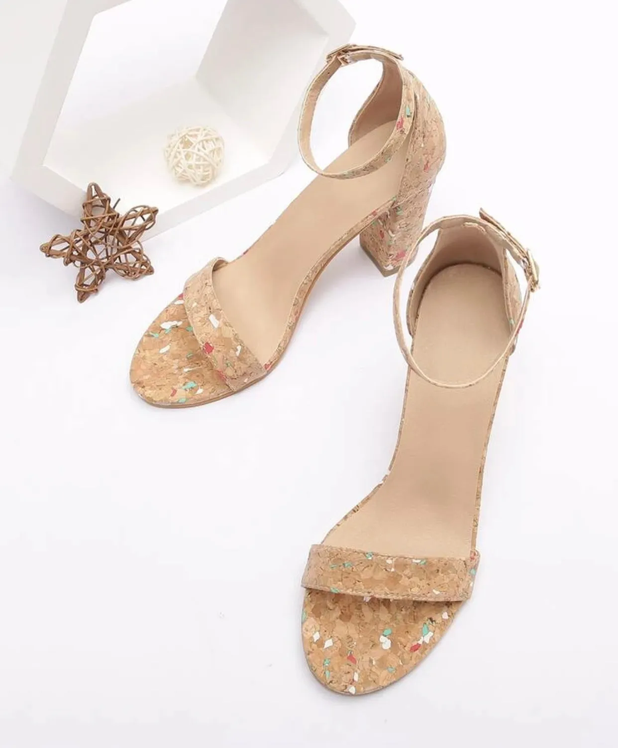 Graphic cork board inspired heeled ankle strap sandals