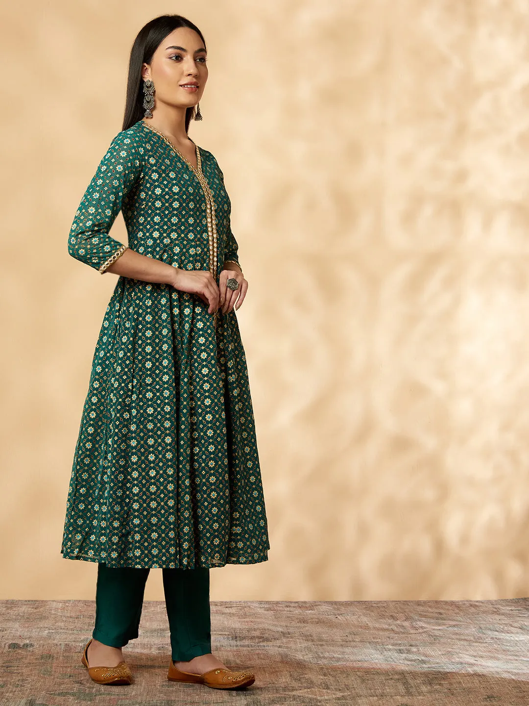 Green Printed Kalidar  Kurta  Set