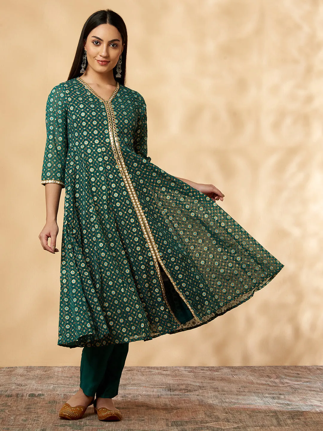 Green Printed Kalidar  Kurta  Set