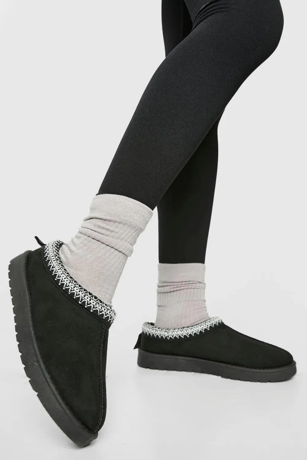 House Of Sehrish MX11 Black Faux Suede Embroidered Cozy Slipper Boots