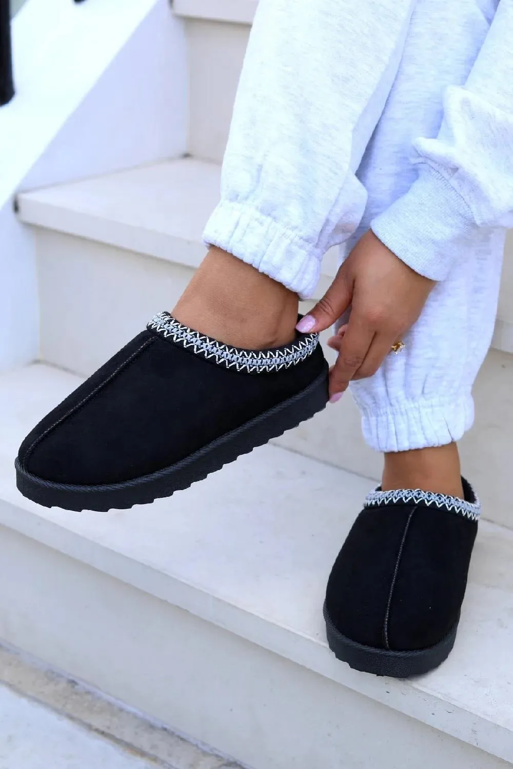 House Of Sehrish MX11 Black Faux Suede Embroidered Cozy Slipper Boots