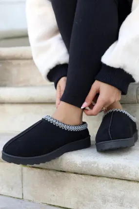 House Of Sehrish MX11 Black Faux Suede Embroidered Cozy Slipper Boots