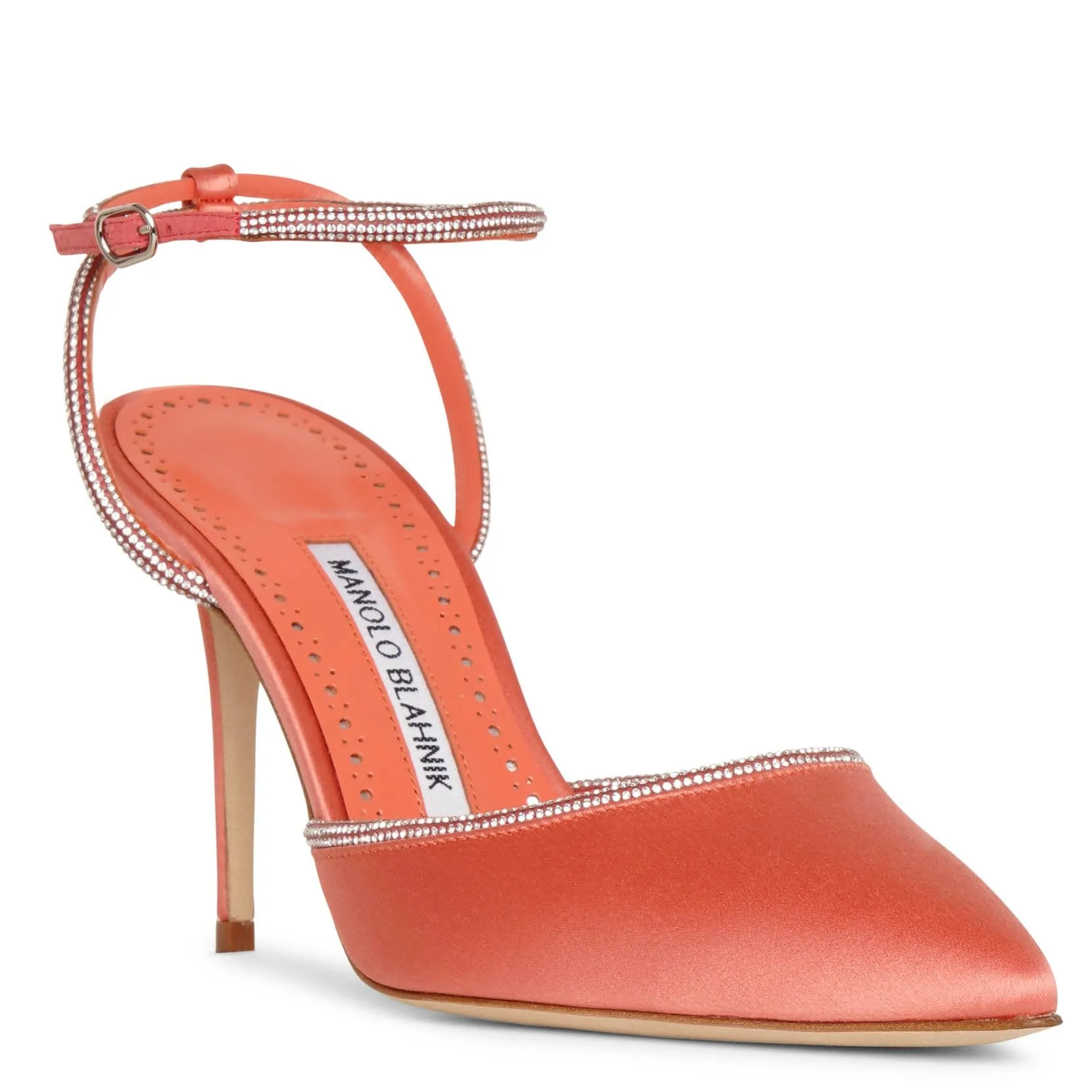 Narcona 90 coral satin jewel pumps