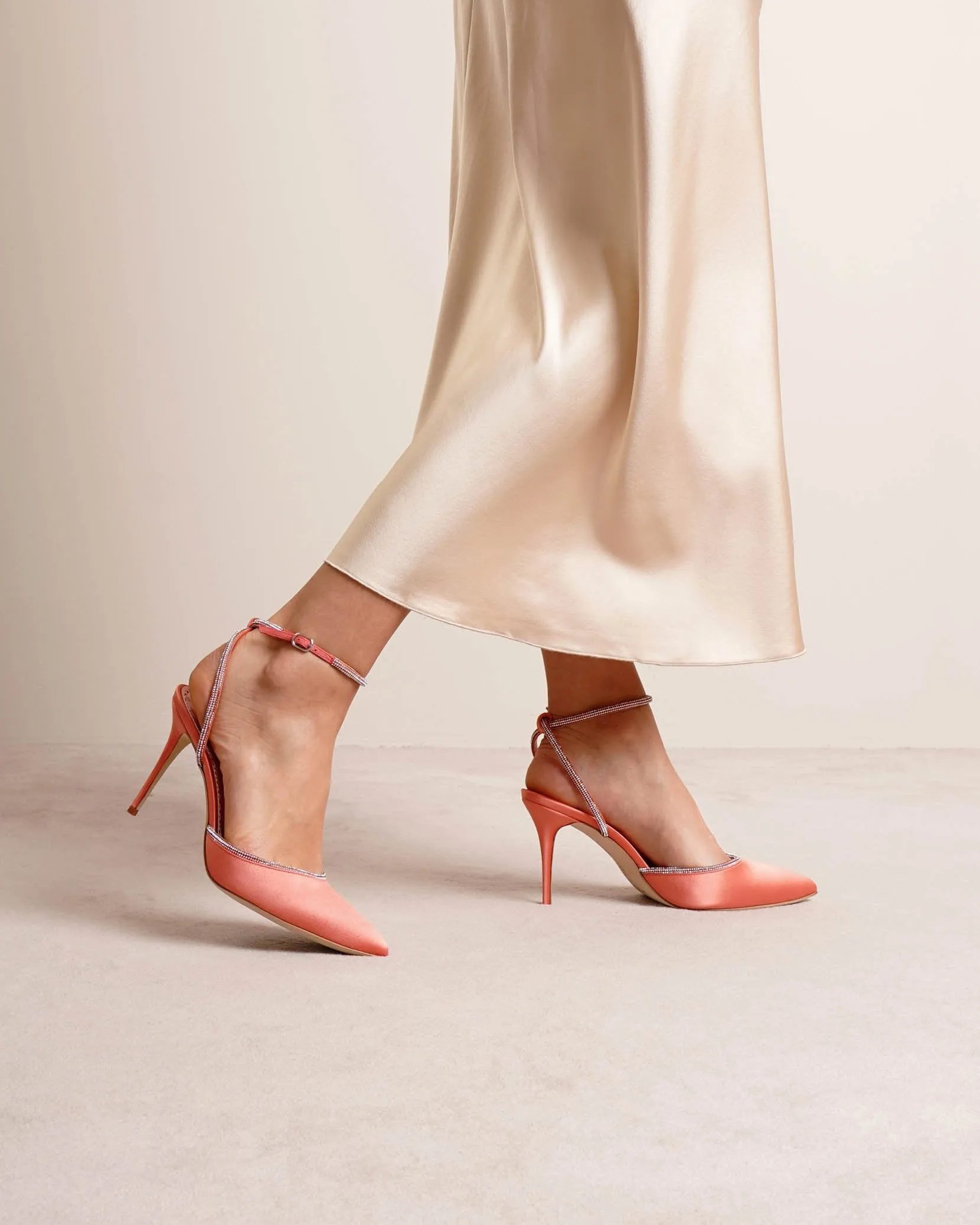 Narcona 90 coral satin jewel pumps