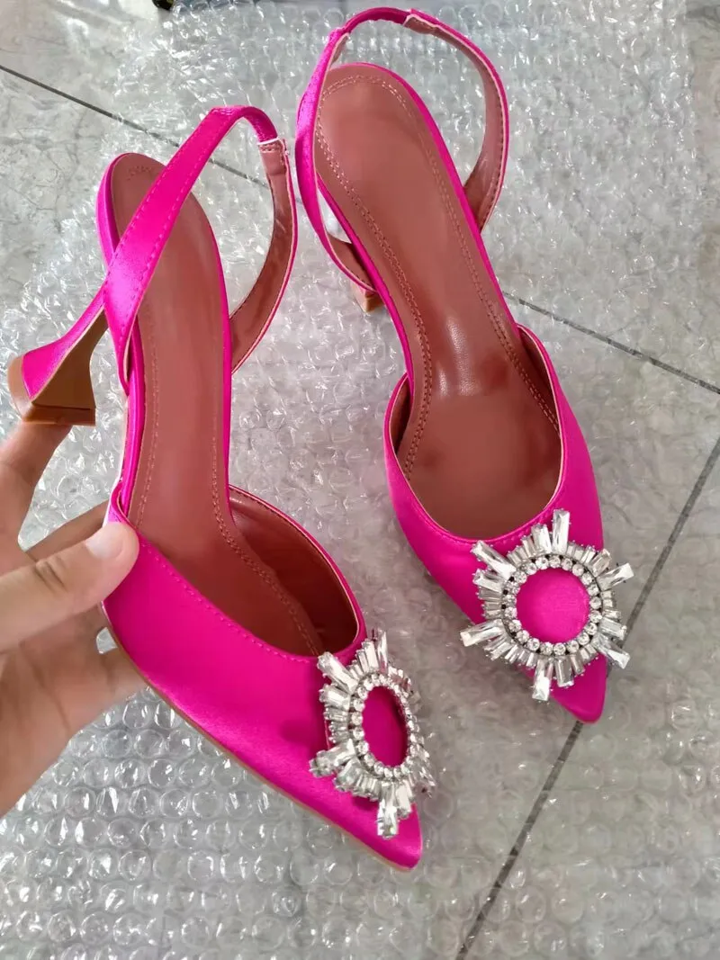 New Satin Women High Heeled Sandals Elegant Pointed Toe Sunflower Crystal Buckle Embellish Studded Sandals Summer Wedding Shoes