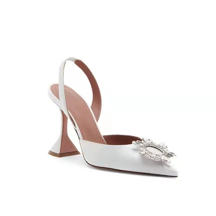 New Satin Women High Heeled Sandals Elegant Pointed Toe Sunflower Crystal Buckle Embellish Studded Sandals Summer Wedding Shoes