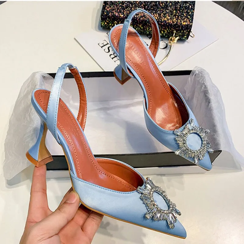 New Satin Women High Heeled Sandals Elegant Pointed Toe Sunflower Crystal Buckle Embellish Studded Sandals Summer Wedding Shoes