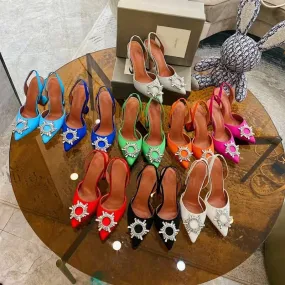 New Satin Women High Heeled Sandals Elegant Pointed Toe Sunflower Crystal Buckle Embellish Studded Sandals Summer Wedding Shoes
