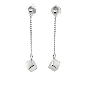 Silver Drop Earrings with a Solid Cube