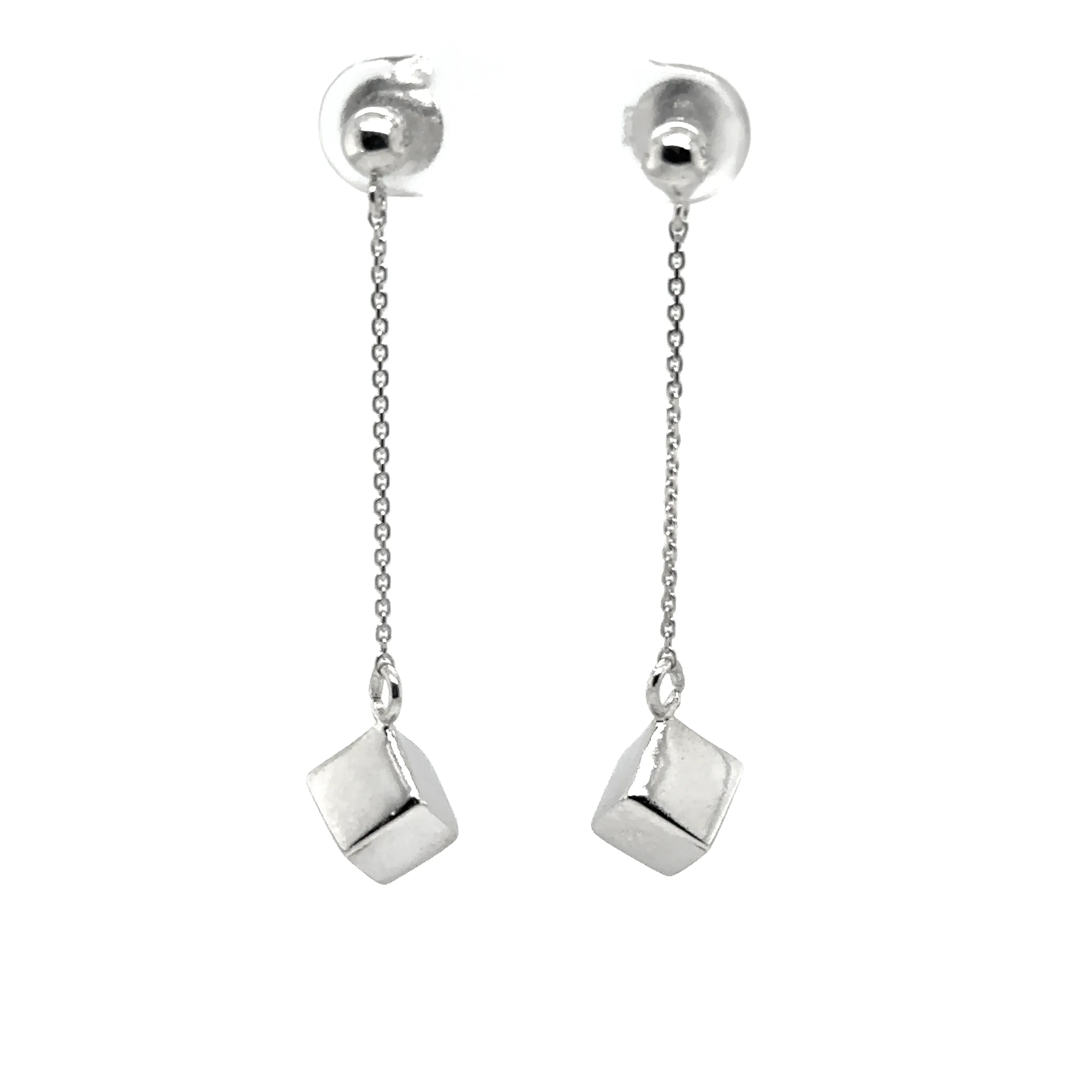 Silver Drop Earrings with a Solid Cube