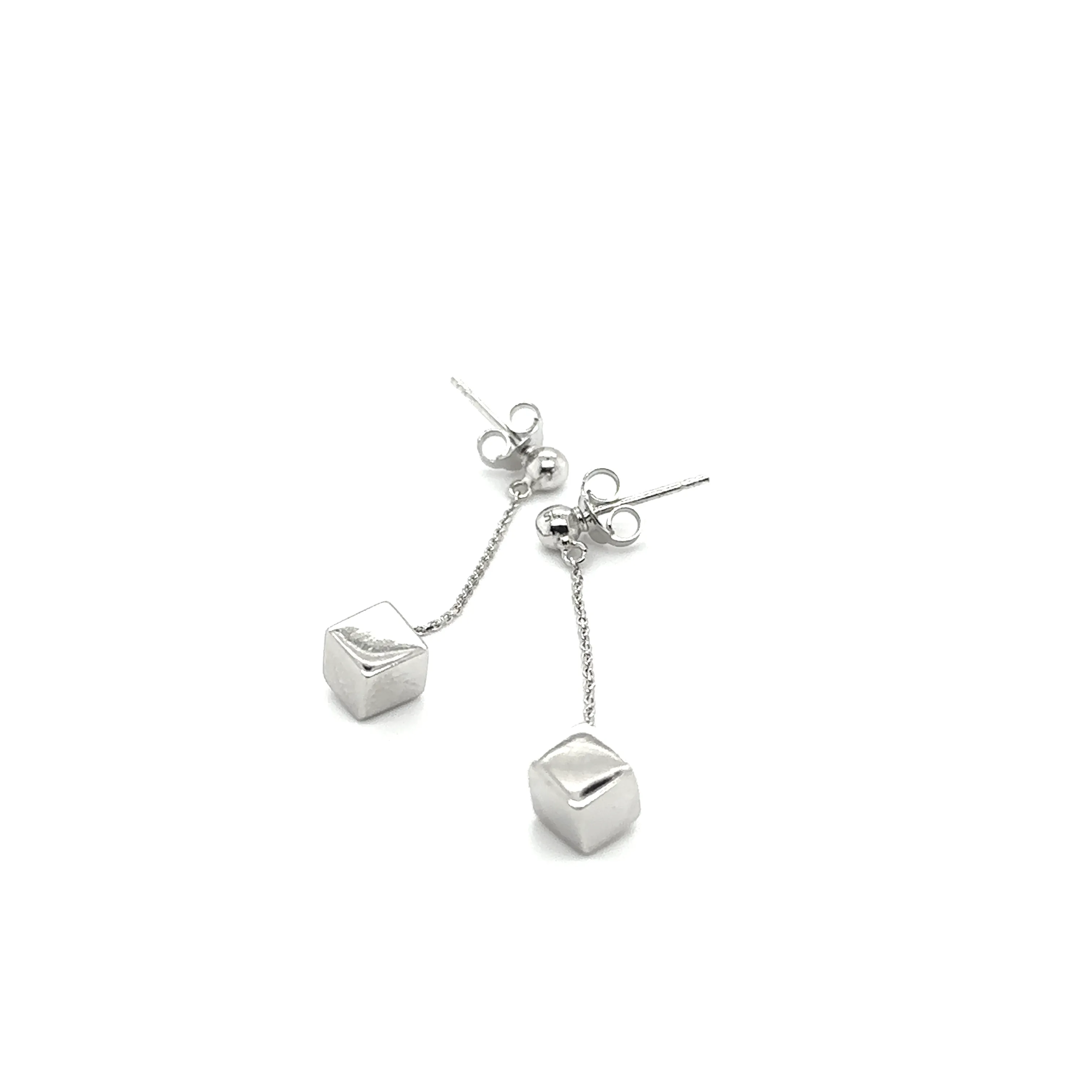 Silver Drop Earrings with a Solid Cube