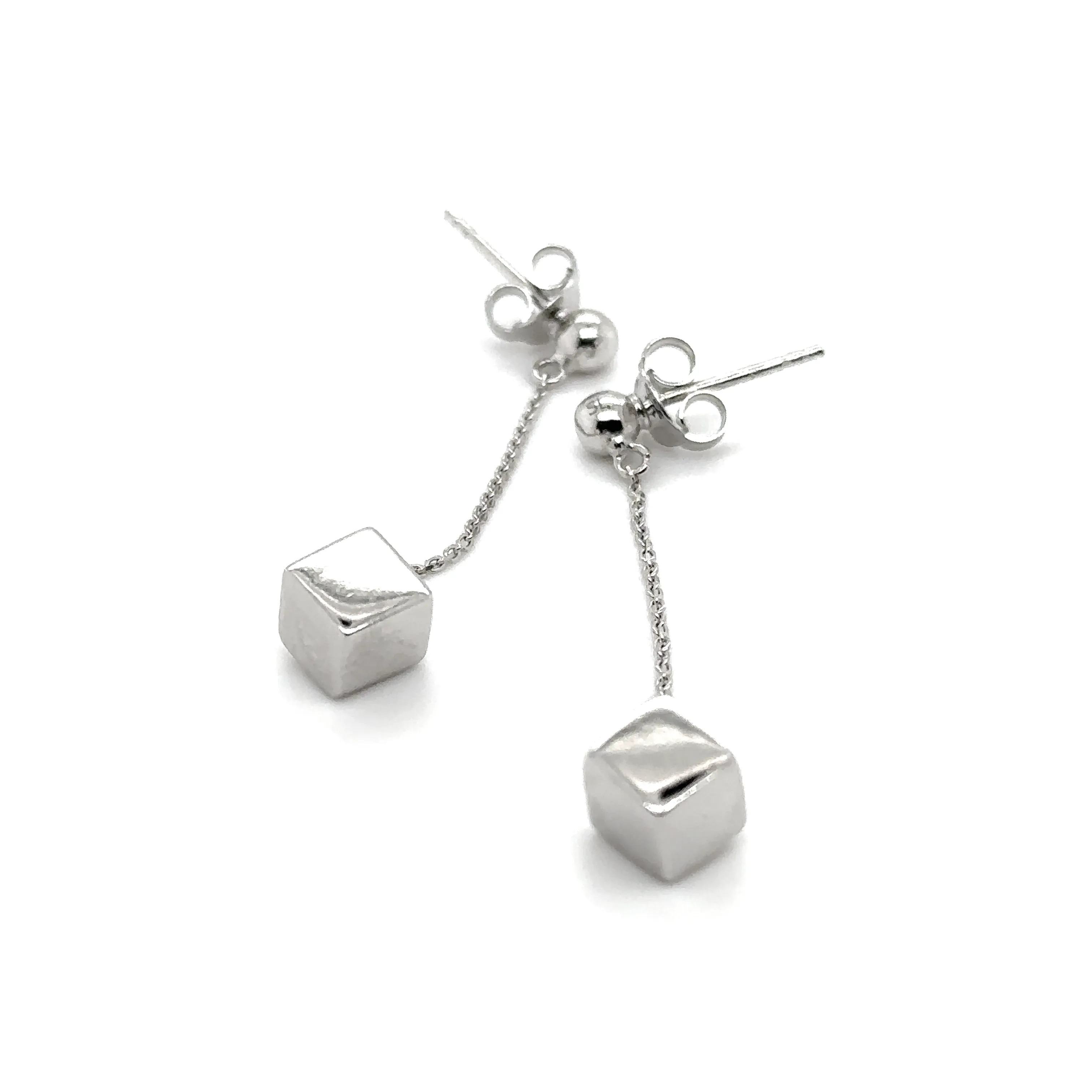 Silver Drop Earrings with a Solid Cube